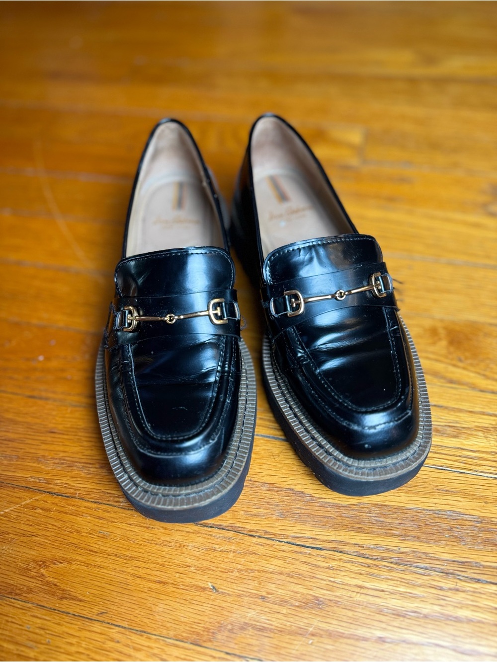 Sam Edelman Black Leather Women's Loafers with Gold Bit Hardware
